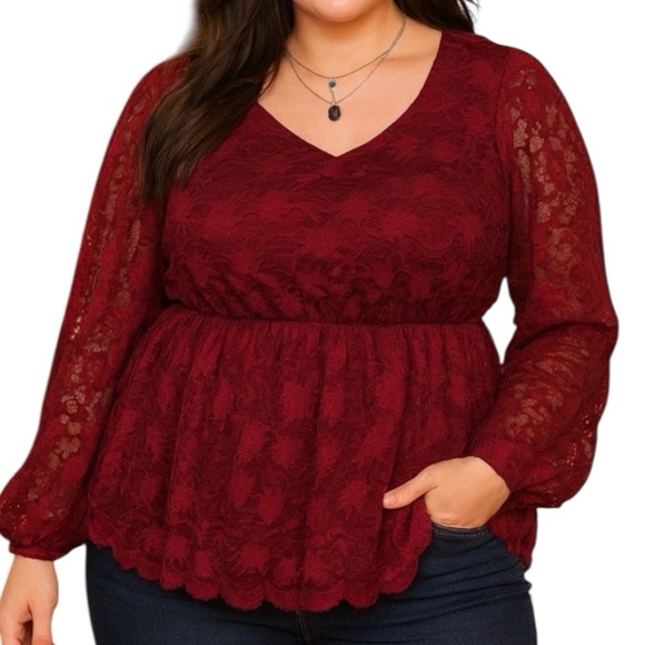 Maurices Tops - Maurice’s Red Wine lace long sleeve sheer arm peplum top plus 2x